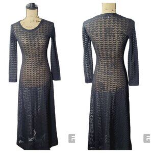 Vintage 1970s DVF Diane Von Furstenberg for RE-7 Black Crochet Sheer Dark Bohemi